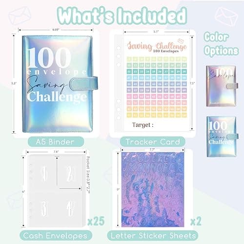 Axolotl 100 Envelopes Money Saving Challenge Binder, A5 Savings Budget Challenges Binders with Cash Envelopes, 100 Days Envelope Saving Binder Book, Budget Planner (Laser Blue) thumbnail 2