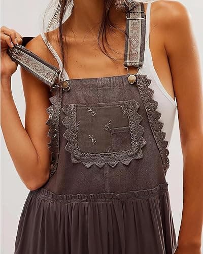 ebossy Women's Laced Embroidered Tulle Bib Dress Casual Loose Adjustable Straps Maxi Dress thumbnail 3