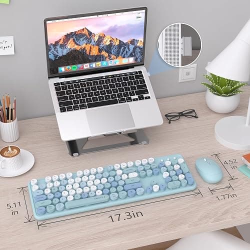 UBOTIE Colorful Wireless Keyboard and Mouse Combo (Blue-Colorful) | Retro Typewriter Floating Full-Sized Keys Computer Keyboard with Optical Mouse, 2.4GHz USB Connection for Windows Mac thumbnail 7