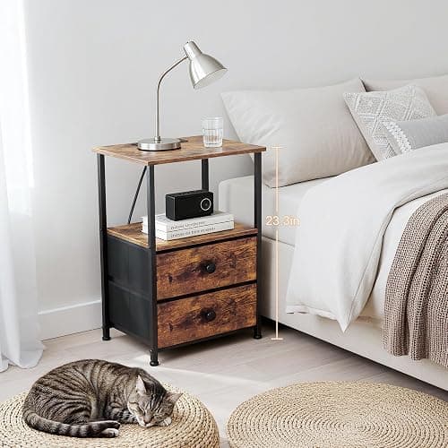 LOAKEKEL Night Stand Set 2, Nightstand with Charging Station, End Tables with Storage Shelf for Small Spaces, Bedside Table Side Tables with 2 Fabric Drawers for Bedroom, Rustic Brown, HETS020PBR thumbnail 2