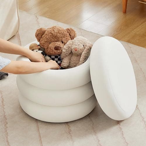 Zibeths Round Velvet Storage Ottoman with Removable Lid, Small Tufted Vanity Stool for Dorm, Modern Compact Footrest for Bedroom Entryway Lounge, White thumbnail 7