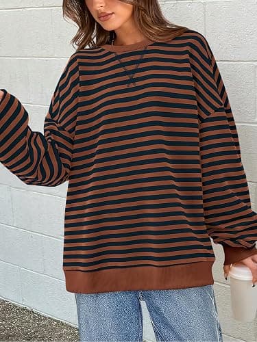 PRETTYGARDEN Womens Striped Oversized Sweatshirt Color Block Crew Neck Long Sleeve Casual Loose Pullover Top Y2K Clothes thumbnail 2