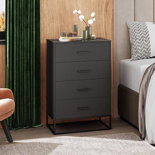 WLIVE Black Dresser for Bedroom with 4 Drawers, Tall Wood Dresser with Sturdy Metal Frame, Wooden Chest of Drawers for Hallway, Living Room, Closet thumbnail 5