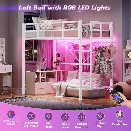 DICTAC Loft Bed Twin Size with Ladder and Guardrail,Metal Twin Loft Bed for Kid/Teen with Led Lights,Small Space Saving Furniture Design for Bedroom,Kid Room and Dorm,No Box Spring Needed, White thumbnail 4