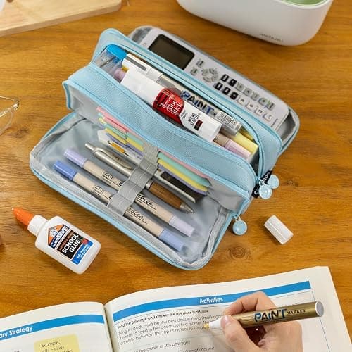 CICIMELON Big Capacity Pencil Case 3 Compartments Pen Pouch Bag Multifunctional Organizer for School Office, Haze Blue thumbnail 2