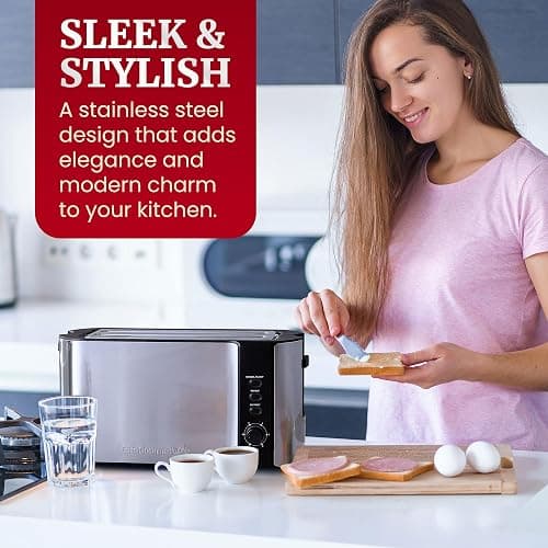 Elite Gourmet ECT-3100 Long Slot 4 Slice Toaster, Reheat, 6 Toast Settings, Defrost, Cancel Functions, Built-in Warming Rack, Extra Wide Slots for Bagels & Waffles, Stainless Steel & Black thumbnail 9