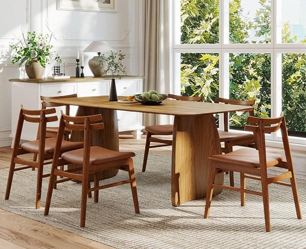 ROCITY Walnut Wooden Dining Chairs Set of 4, Faux Leather Upholstered Seating with Solid Wood Frame and Curved Back, for Dining Room and Restaurant Use, Brown thumbnail 6