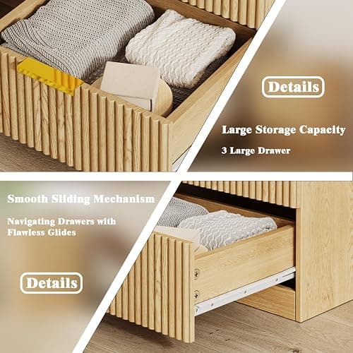 Fluted Night Stand Set of 2, Modern Nightstand with 3 Drawers and Metal Handle, 13.4" D x 15.7" W x 20.1" H, Wooden Bedside Table End Table for Bedroom, Natural thumbnail 3