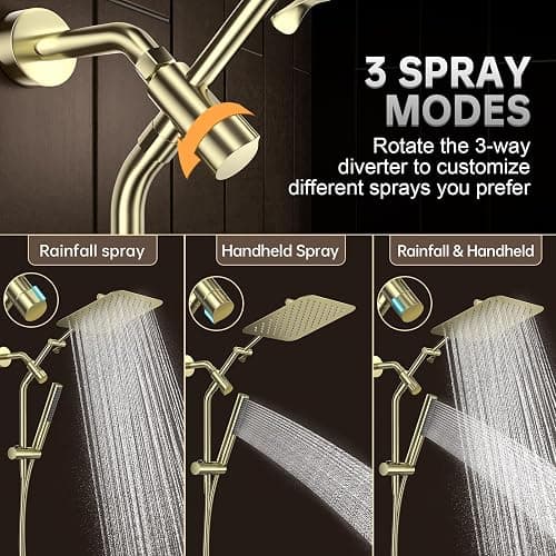 Veken All Metal 10" Shower Head with Handheld, Luxurious Square Double Rain Shower Heads with Spray Combo, Dual High Pressure Detachable Rainfall Showerhead with Extension Arm, Long Hose,Brushed Gold thumbnail 3