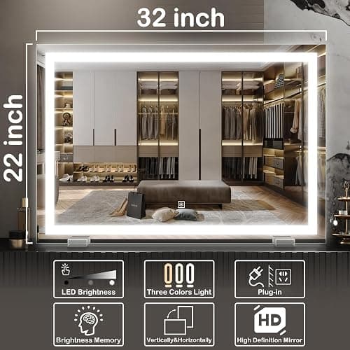 FENNIO Makeup Mirror with Lights 23"x32" ，LED Makeup Mirror ，Large Vanity Mirror with Lights，Touch Sensor with Dimmable 3 Modes, Square White thumbnail 2