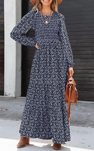 PRETTYGARDEN Women's Fall Dresses 2025 Long Sleeve Flowy Casual Floral Maxi Dress Crew Neck Smocked Tiered Long Dress thumbnail 3