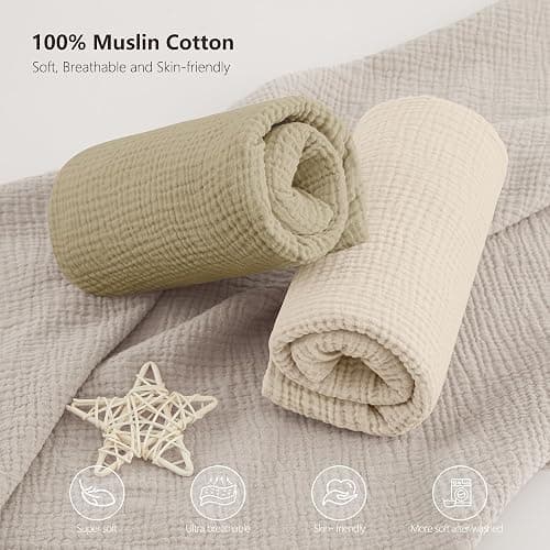 Bearmoss Muslin Crib Sheets 100% Cotton Baby Crib Sheets Fitted for Standard Crib Mattress & Toddler Bed Mattress 52"x28" Soft Breathable Crib Sheet Neutral for Boys Girls - 2 Pack (Oat Latte) thumbnail 5