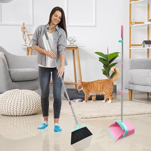 Broom and Dustpan Set, 52-in Long Adjustable Handle Broom Dustpan Combo with Dust pan Teeth to Automatically Clean Hair Suitable for Home Kitchen Office Hall Floor（Pink&Blue） thumbnail 2