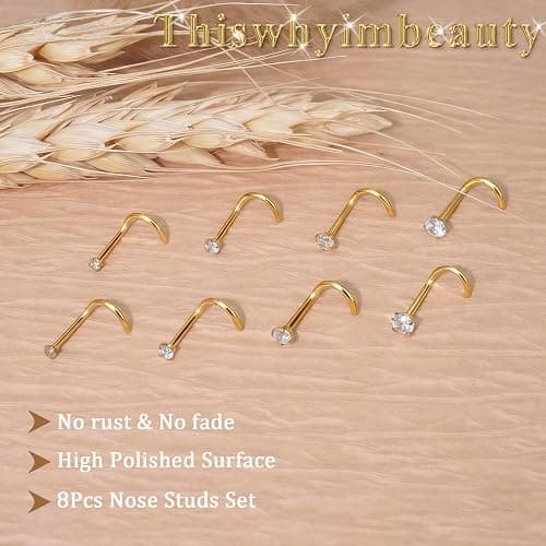 Hypoallergenic 14K Gold Plated Nose Rings Studs Set for Women Men:316L Stainless Steel Clicker Nose Rings,Dainty CZ L Shaped/Corkscrew/Straight/Clear Nose Studs,Nostril Piercing Jewelry 15PCS - Image 1