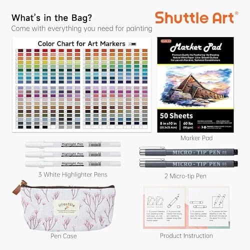 Shuttle Art 310 Colors Alcohol Markers, 309 Colors Dual Tip Art Marker Set Plus Colorless Blender, Micro-tip Pens, White Highlighter Pens, Marker Bag with Holders Perfect for Students Adults Coloring thumbnail 3