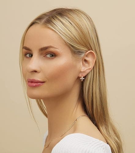 Barzel 18k Gold Plated Crystal Cross Huggies 0.5in length Earrings for Women - Made In Brazil thumbnail 3
