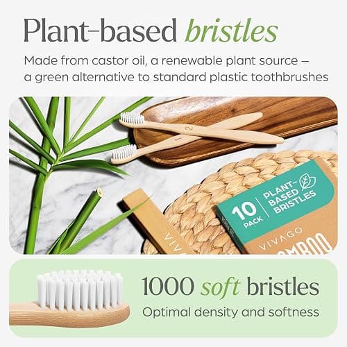 VIVAGO Bamboo Toothbrushes 10 Pack – Natural Toothbrushes, Plant-Based Soft Bristles – Eco-Friendly Wooden Toothbrush thumbnail 2