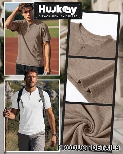 Huukeay 3 Pack Men's Big & Tall Henley Short Sleeve Shirts, Crew Neck Casual Button T-Shirts Summer Basic Tees Tops thumbnail 5