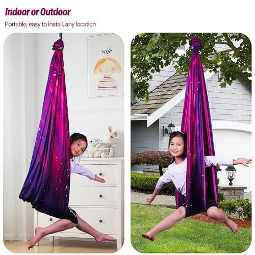 Sensory Swing for Kids & Adults Holds up to 300lbs Indoor & Outdoor Double Layer Therapy Cuddle Swing with 360° Swivel Hanger Kit for Calming, Effect for Autism, ADHD or SPD. (Galaxy Purple) thumbnail 7