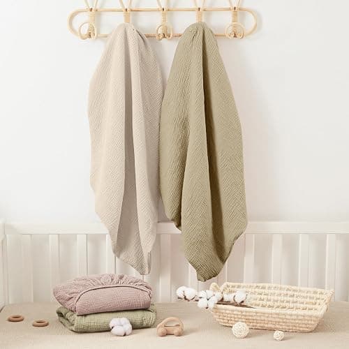 Bearmoss Muslin Crib Sheets 100% Cotton Baby Crib Sheets Fitted for Standard Crib Mattress & Toddler Bed Mattress 52"x28" Soft Breathable Crib Sheet Neutral for Boys Girls - 2 Pack (Oat Latte) thumbnail 6