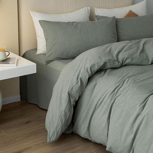 JIYUAN Queen Size Duvet Cover Set, 3-Piece - 100% Washed Cotton, Linen-Like Soft & Breathable with Zipper Closure, Includes 90x90 Inch Cover & 2 Pillowcases, Heathered Green thumbnail 4
