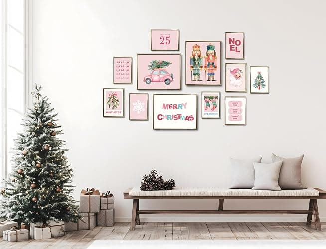 TwoDays Pink Christmas Wall Art, Pastel Holiday Xmas Aesthetic Poster for Room Decor, Vintage Santa Pine Tree Merry Gallery Artwork Prints. (Multi Sizes, 8" X 10" Largest, Set of 12, UNFRAMED) thumbnail 6