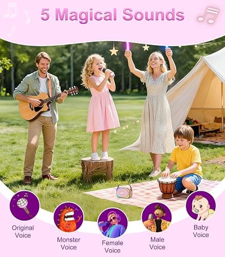 TiMOVO Mini Karaoke Machine, Portable Bluetooth Speaker with 2 Wireless Microphones and LED Lights, Birthday Gifts for Family Home Party, Pink thumbnail 5