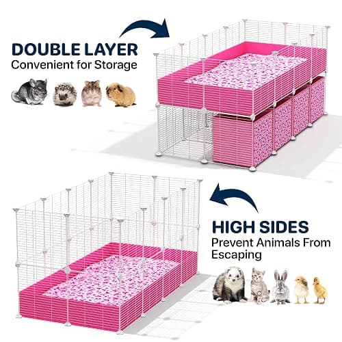 TINY ROYALS 32 Panels 2x4 Pink C&C Cage for Guinea Pigs with Stand 56x28 in Space-Saving 5mm Waterproof coroplast Washable Fleece Liner and 4 Storage Boxes Small Animal Playpen Bunny Cage Hedgehog thumbnail 2