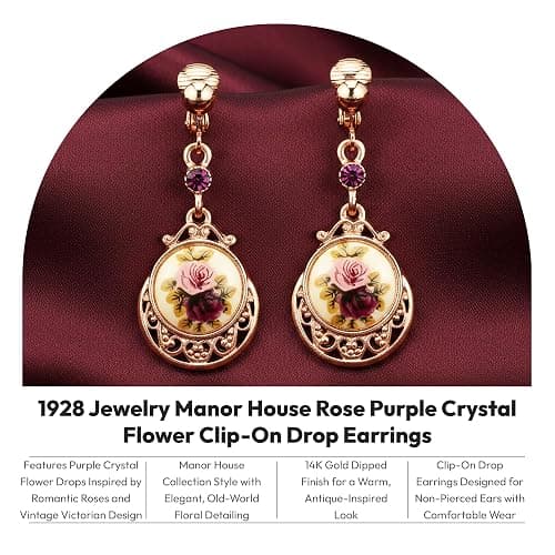 1928 Jewelry Manor House Rose Purple Crystal Flower Clip On Drop Earrings, Non Piercing Ear Rings, Pierceless Snap On, Romantic Roses Vintage Victorian Inspired Aesthetic, 14K Gold Dipped, Made In USA thumbnail 2
