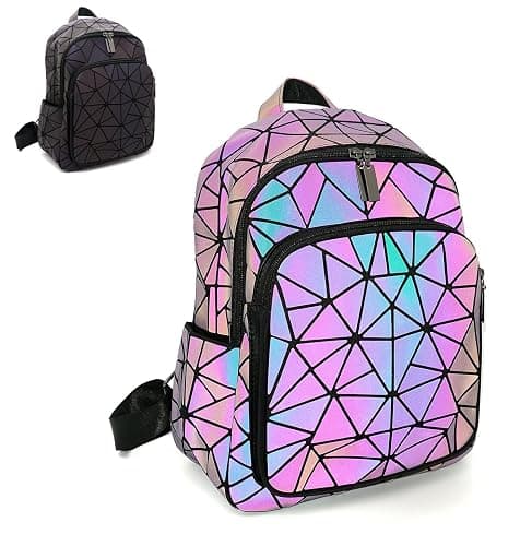 CAFINY Geometric Women's Backpack Geometries Glow Large Purse Backpack Geometrical Luminous Bag Holographic Travel Bags Retro Daypack for Casual, College, Work - Image 1