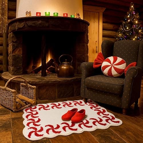 WILLBOND Christmas Candy Bathroom Rug Non Slip Bath Mat 32x20 Inch | Red and White, Peppermint Swirl Scalloped Edge, Soft Absorbent Flocking, Xmas Bathroom Kitchen Bedroom Front Door thumbnail 6