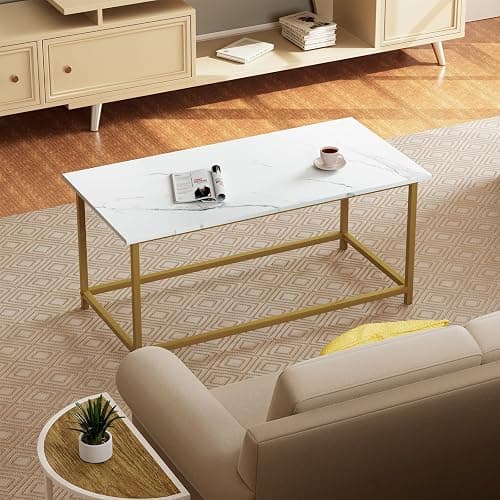 SAYGOER White Faux Marble Coffee Table Simple Modern Rectangular Coffee Tables Open Design Minimalist Center Table for Living Room Office, 39.37 x 19.69 x 17.72, White Gold thumbnail 7