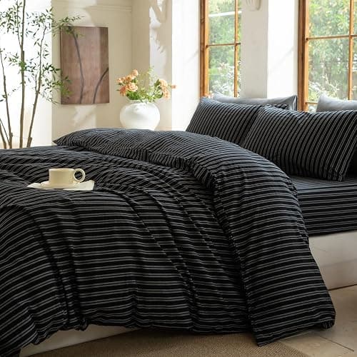 BESTDESIL Striped Duvet Cover Set 100% Washed Cotton Linen Like Soft Feelling Breathable Bedding(Strip-Black/White,King) thumbnail 7