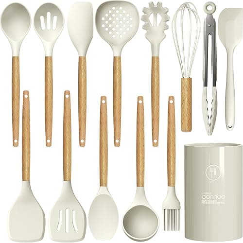 oannao Silicone Cooking Utensils Set - 446°F Heat Resistant Silicone Kitchen Utensils for Cooking,Kitchen Utensil Spatula Set w Wooden Handles, BPA FREE Gadgets for Non-Stick Cookware (Khaki) - Image 1