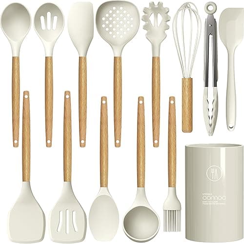 Silicone Cooking Utensils Set - 446°F Heat Resistant Silicone Kitchen Utensils for Cooking,Kitchen Utensil Spatula Set w Wooden Handles and Holder, BPA FREE Gadgets for Non-Stick Cookware (Khaki) - Khaki