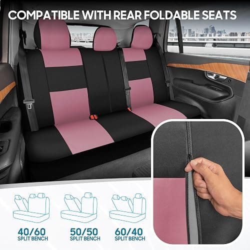 BDK PolyPro Car Seat Covers Full Set in Pink on Black, Front and Rear Split Bench Seat Covers for Cars, Easy to Install Car Seats Cover Set and Accessories for Auto Trucks Van SUV - Pink thumbnail 4