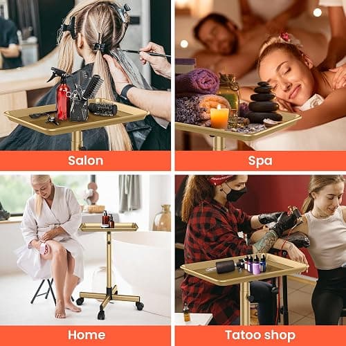 TASALON Premium Salon Tray on Wheels, Aluminum Salon Rolling Tray Trolley for Salon Essentials, Adjustable Height Provides Ample Storage for Hairstylist Tray, Tattoo Tray and Clinic Tray Use - Gloden thumbnail 7
