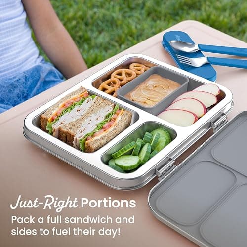 Bentgo Kids Stainless Steel Leak-Resistant Lunch Box, 3 Compartments | Bonus Silicone Container, PFAS & BPA-Free, Odor-Resistant, Dishwasher Safe, Ages 3+ (Silver) thumbnail 6