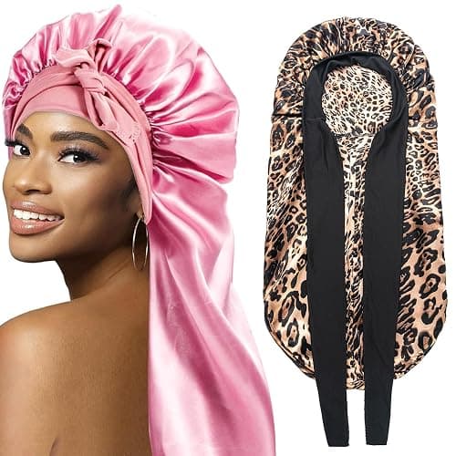 2Pcs Bonnets for Women Sleeping Braid Bonnet, Large Long Satin Silk Bonnet for Braids, Black Women Braid Bonnets with Stretchy Tie Band for Sleeping Extra Long (Pink & Leopard) - Image 1