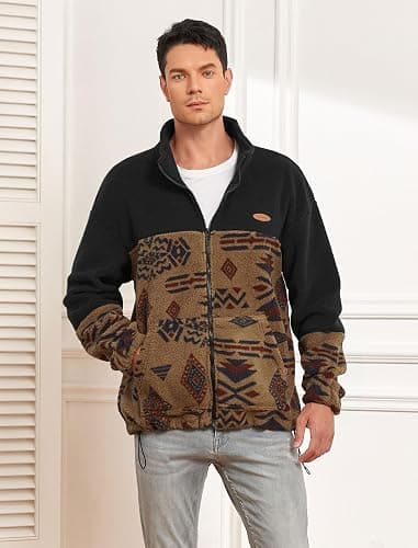 ZAFUL Men Ethnic Aztec Printed Fluffy Fuzzy Jacket Plush Fleece Casual Stand Collar Zip Outwear Cardigan Coat with Pockets thumbnail 8