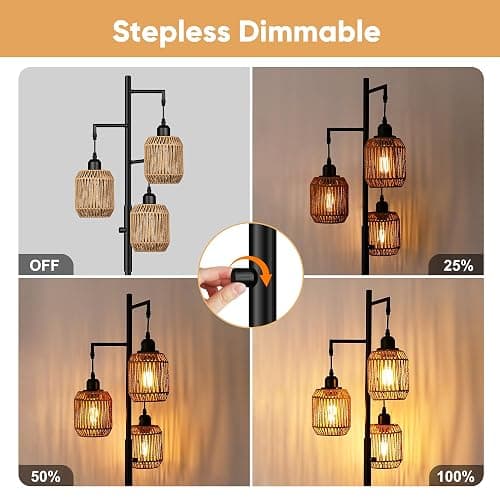 ROTTOGOON Dimmable Boho Floor Lamp - 3 Light Farmhouse Rattan Floor Lamp for Living Room, Industrial Tree Floor Lamps with 3 X 6W LED Bulbs, Rustic Standing Tall Lamp for Bedroom, Office, 68", Black thumbnail 2