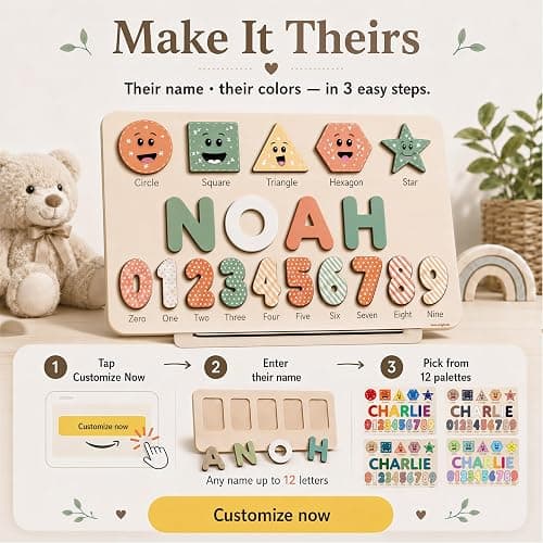 Zuzu Wooden Personalized Letter, Number and Shape Puzzle - 12 Options | First Birthday Gift for Toddlers Boys and Girls | Heirloom Keepsake thumbnail 9