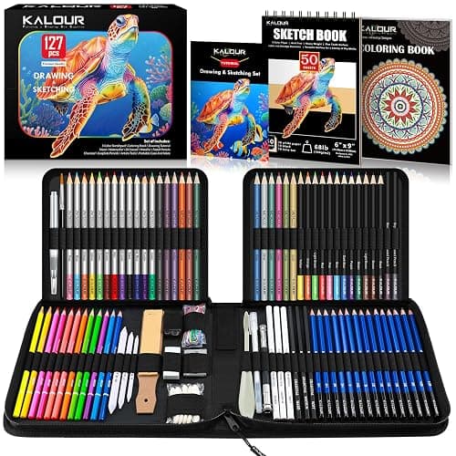 KALOUR PDAS 127 Drawing Set Sketching Kit, Pro Art Supplies with 3-Color Sketchbook & Coloring Book, Neon, Colored, Watercolor, Metallic, Graphite, Charcoal Pencils, Gift for Artists Adults Teens - Image 1