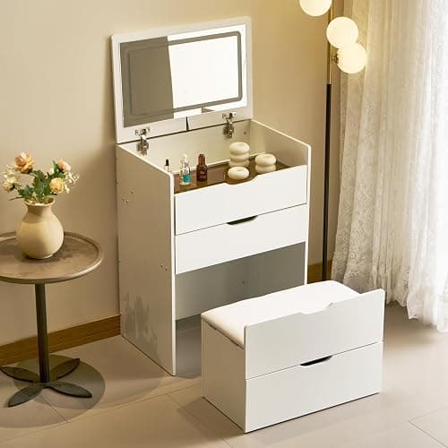namitihome Elegant 3-in-1 Vanity Set 23.6" Desk with Flip Mirror, 3 Drawers Padded Stool Walnut Modern Bedroom Makeup Table(White, 23.6) thumbnail 3