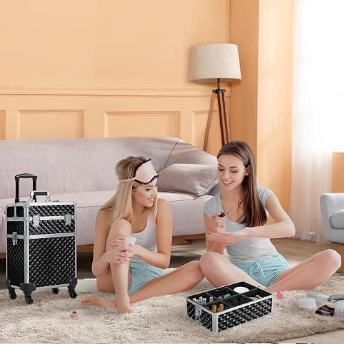 Yaheetech Rolling Makeup Train Case 3 in 1 Cosmetic Case Large Capacity Organizer with Swivel Wheels Key Cosmetic Trolley for Nail Tech Makeup - Black thumbnail 2