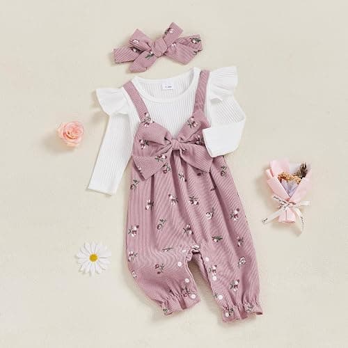 Geagodelia Corduroy One Piece Baby Girl Clothes with Headband | Cotton Blend, Newborn Baby Grow, Long Sleeve Floral Print Romper, Baby Girl Gifts, Baby Girl Coming Home Outfit thumbnail 3
