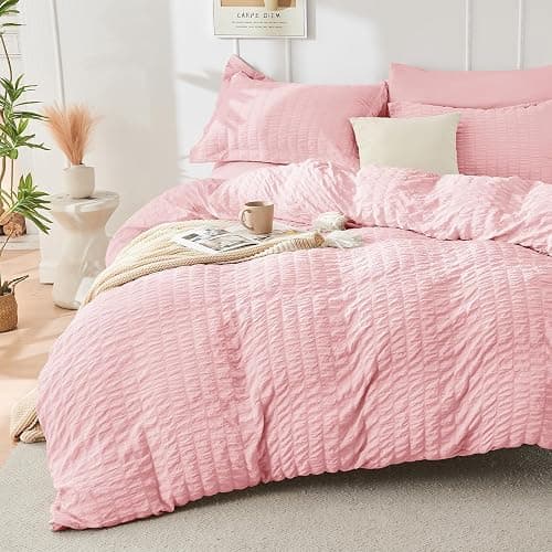 HYMOKEGE Pink Full Size Comforter Sets Seersucker 7 Pieces, All Season Luxury Bed in a Bag for Bedroom, Bedding Set with Comforters, Sheets, Pillowcases & Shams thumbnail 2