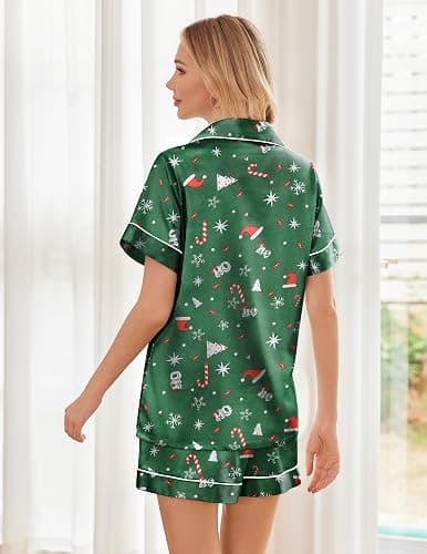 Ekouaer Womens Silk Satin Pajama Sets Soft Short Sleeve Button Down Sleepwear Top and Shorts 2 Piece Pjs Lounge Set S-XXL thumbnail 2