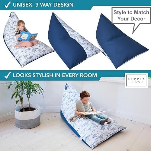 Huddle Original Cover for Stuffed Animal Bean Bag Storage (No Filler) XL Designer Beanbag Chair for Kids & Adults | Instant Clutter Clear for Stylish Moms - 100% Cotton Canvas Chair Blue Dinosaur thumbnail 5