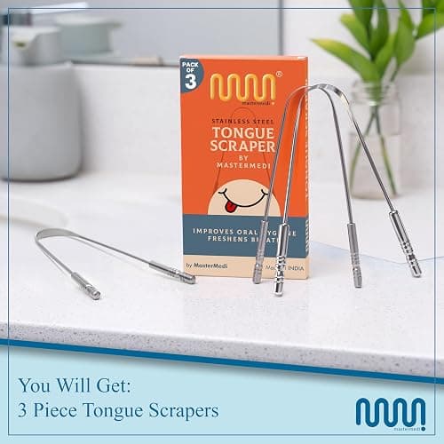 MasterMedi Tongue Scraper for Adults, 100% Stainless Steel Tongue Scrubber for Bad Breath, Easy to Use, Tongue Cleaner for Oral Care & Hygiene (SS Pack of 3) thumbnail 5